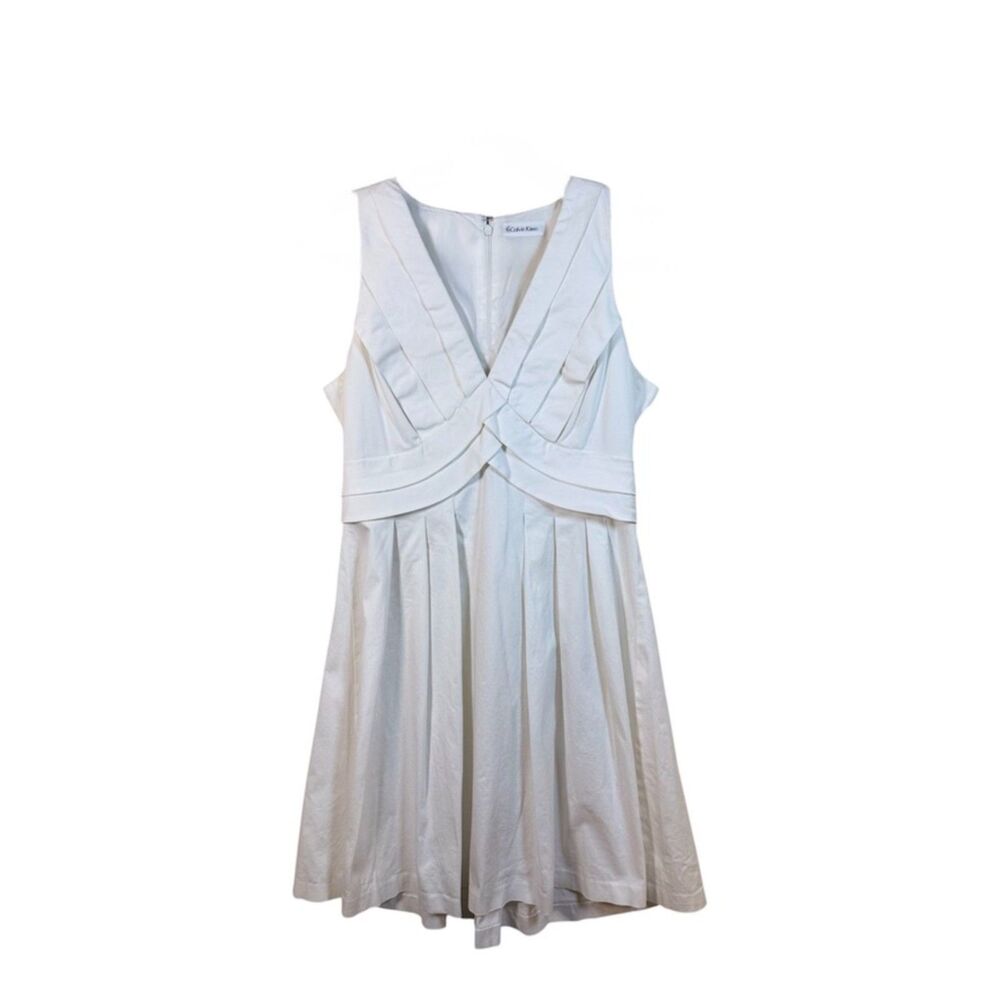 Calvin Klein White Sleeveless Pleated Fit Flare Dress S/M Cross Bodice Back Zip